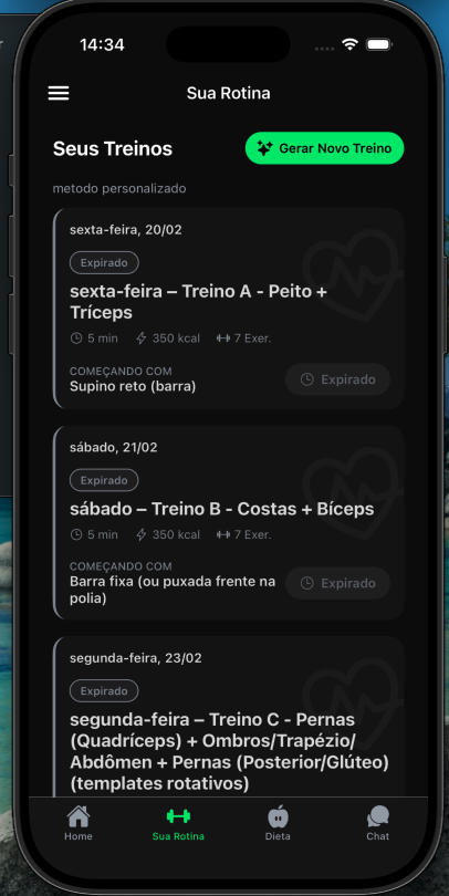 Tela de dieta do dia no app do aluno